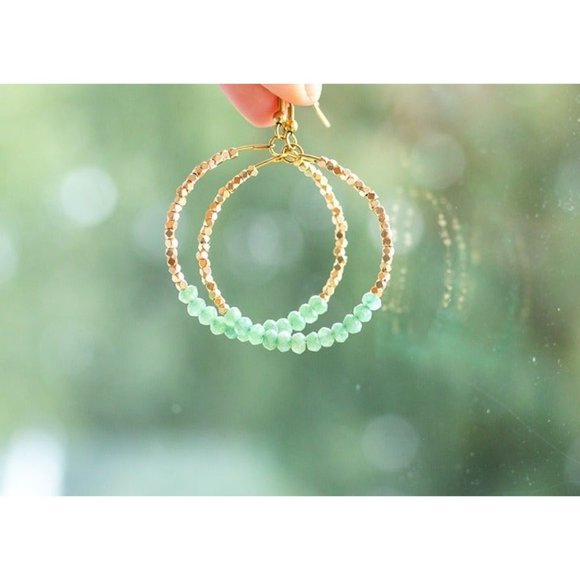 Sparkly Gemstone Beaded Hoops Earrings Natural Green Aventurine Beaded Hoops - Picture 3 of 11